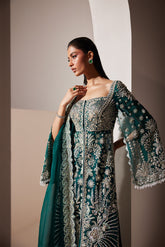 Emerald Green Embroidered Long Jacket Gown